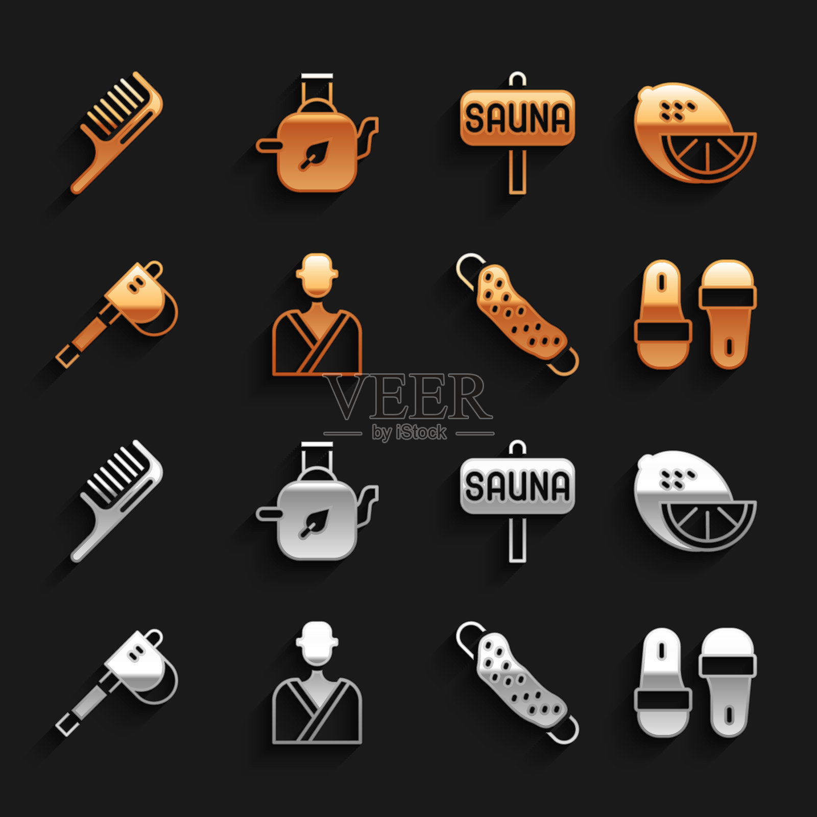 设置人在桑拿浴室，柠檬，桑拿拖鞋，毛巾，木斧，发刷和茶壶与叶子图标。向量插画图片素材