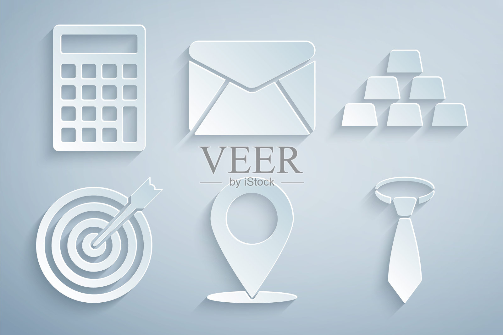 设置地图别针，金条，目标与箭头，领带，信封和计算器图标。向量插画图片素材