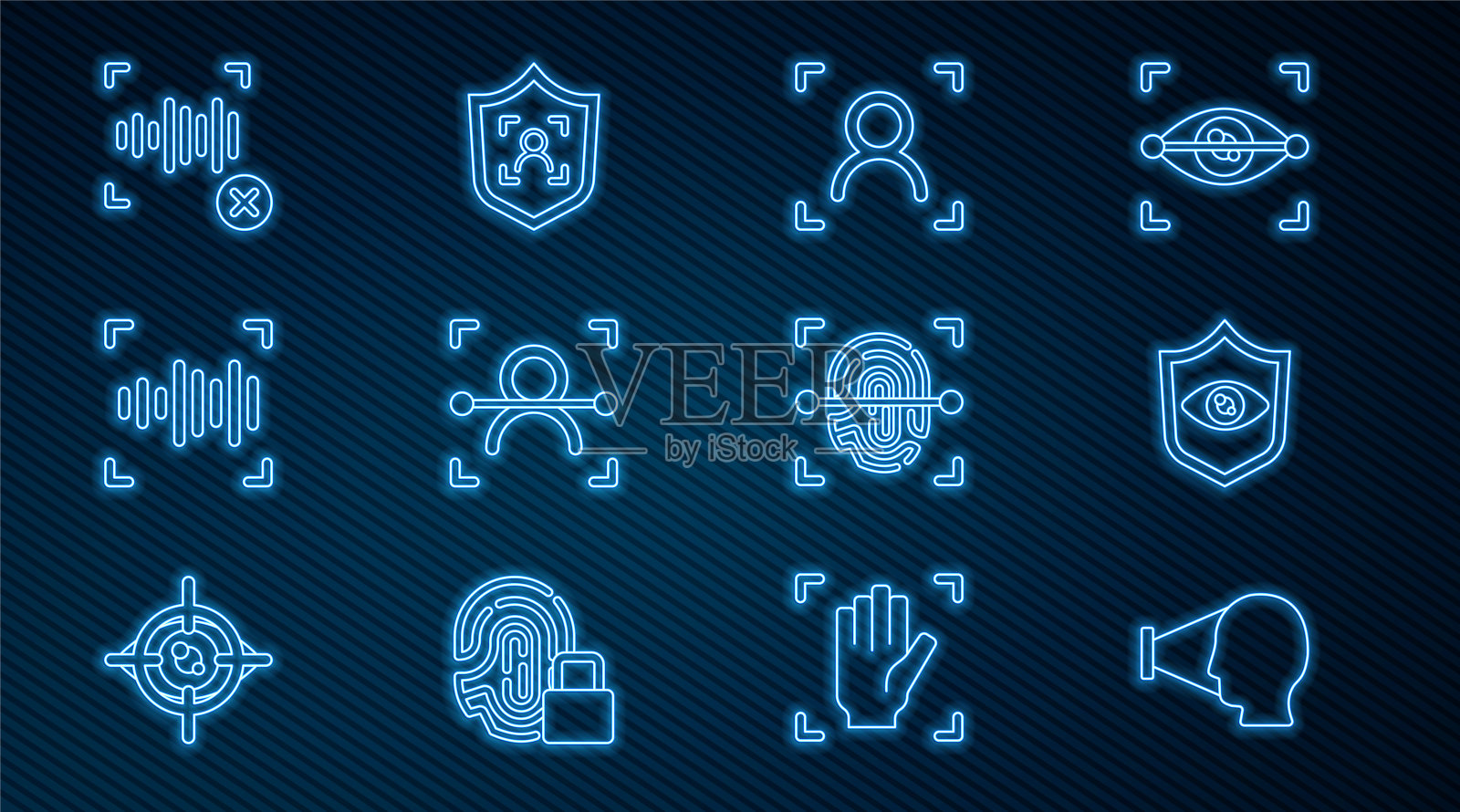设置线人脸识别，屏蔽眼睛扫描，声音，拒绝声音，指纹和面部图标。向量插画图片素材