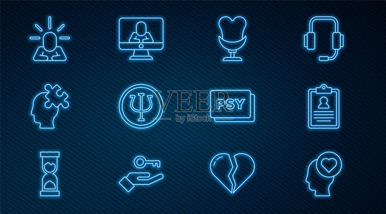 设线心碎或离婚，医疗剪贴板，扶手椅，心理学，Psi，解决问题，抑郁症和心理学家在线图标。向量插画图片素材