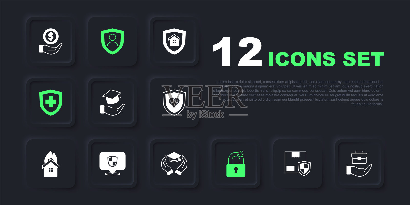 设置交付安全盾牌，手持公文包，教育补助金，破碎或破解的锁，人寿保险，位置，和图标。向量插画图片素材