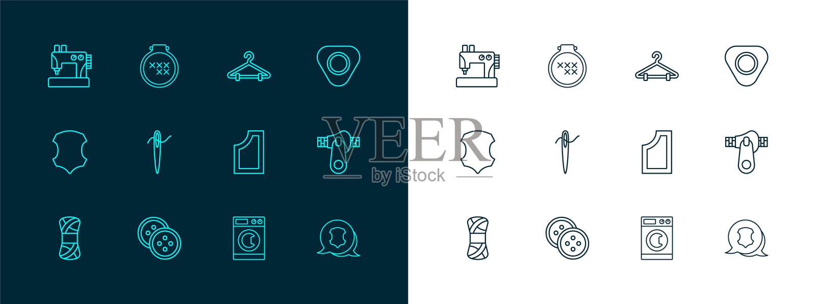 集线缝纫粉笔，钮扣衣服，图案，洗衣机，针线缝纫，衣架衣柜，机器和圆形可调绣花箍图标。向量插画图片素材