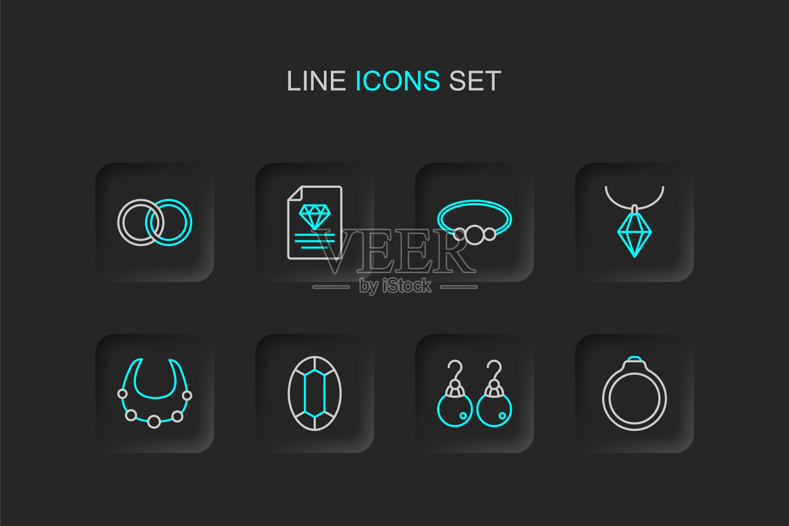 集线钻石订婚戒指，耳环，宝石石，项链，吊坠项链，手镯珠宝，证书的钻石和婚礼图标。向量插画图片素材