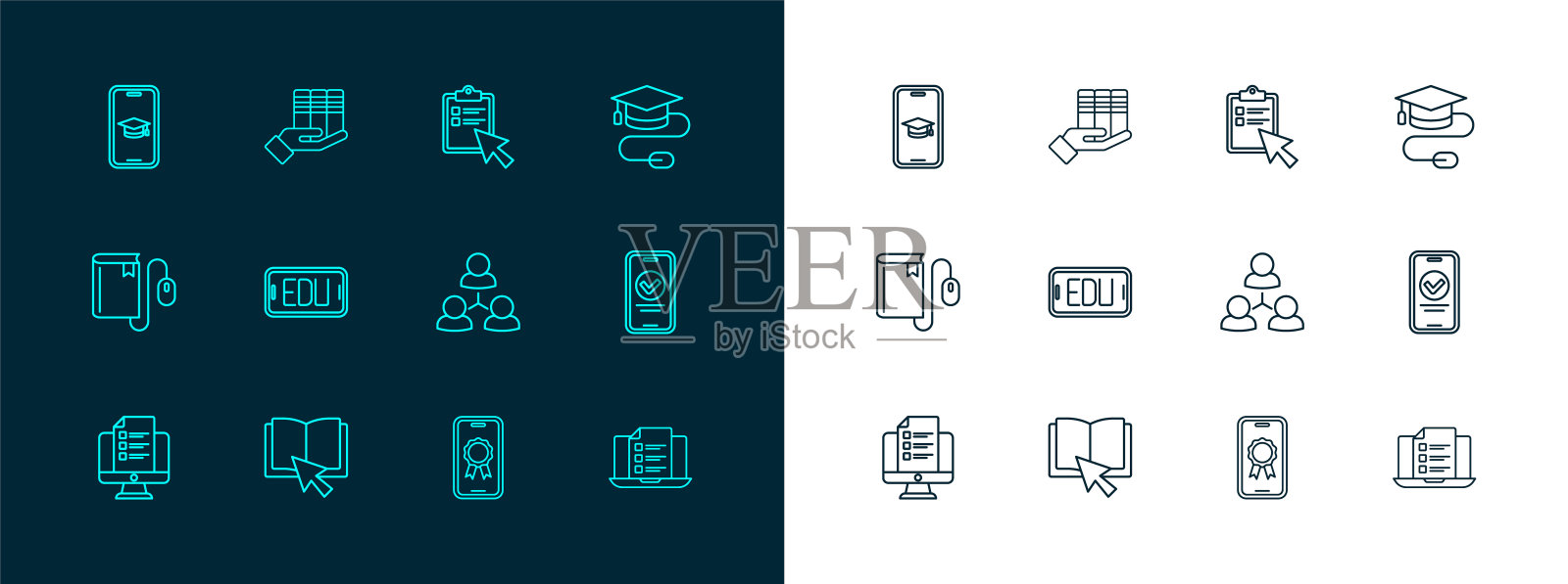 设置线毕业帽与鼠标，在线图书，类，教育文凭，测验，测试，调查，移动和图书捐赠图标。向量插画图片素材