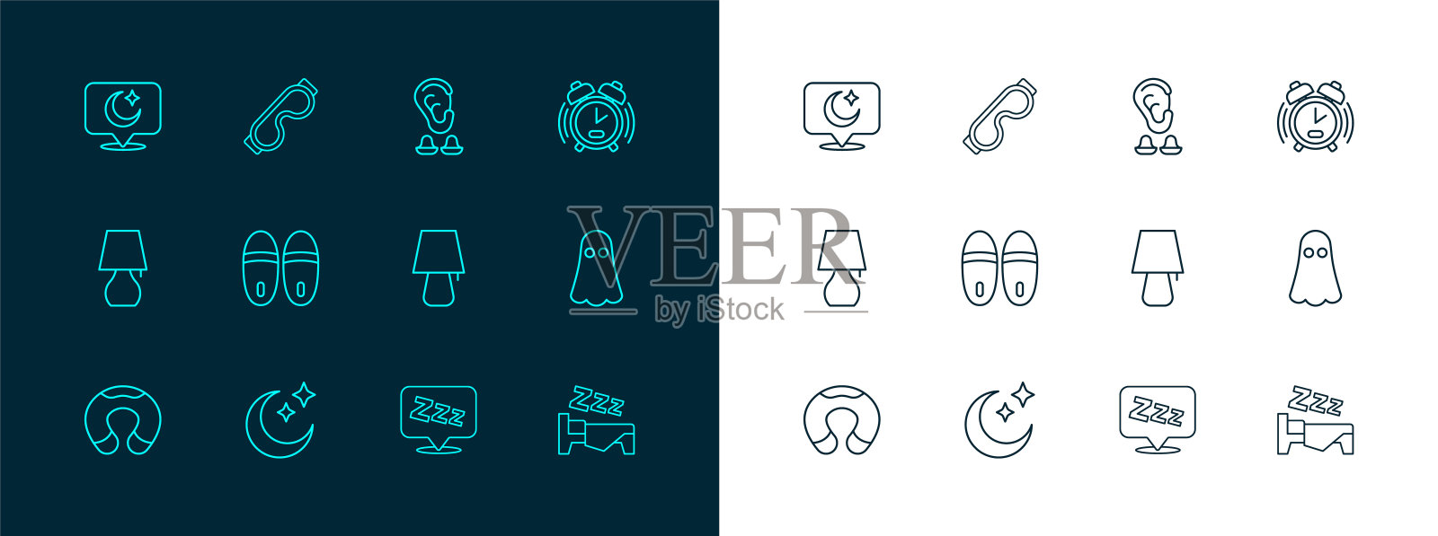 设置线闹钟，月亮和星星，台灯，困倦，拖鞋，耳塞，耳朵和眼睛睡眠眼罩图标。向量插画图片素材