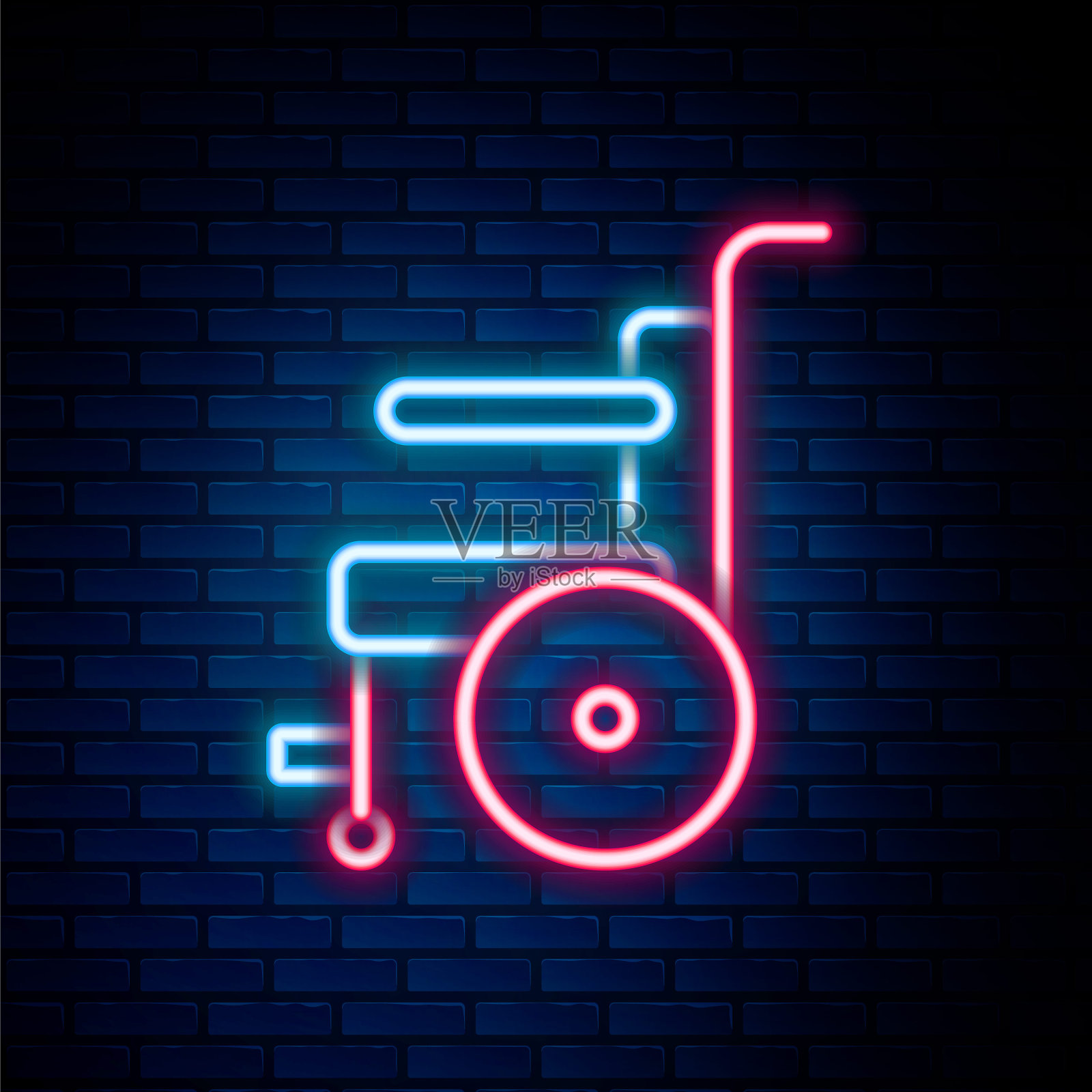 发光的霓虹灯线轮椅为残疾人图标孤立的砖墙背景。色彩缤纷的轮廓概念。向量插画图片素材