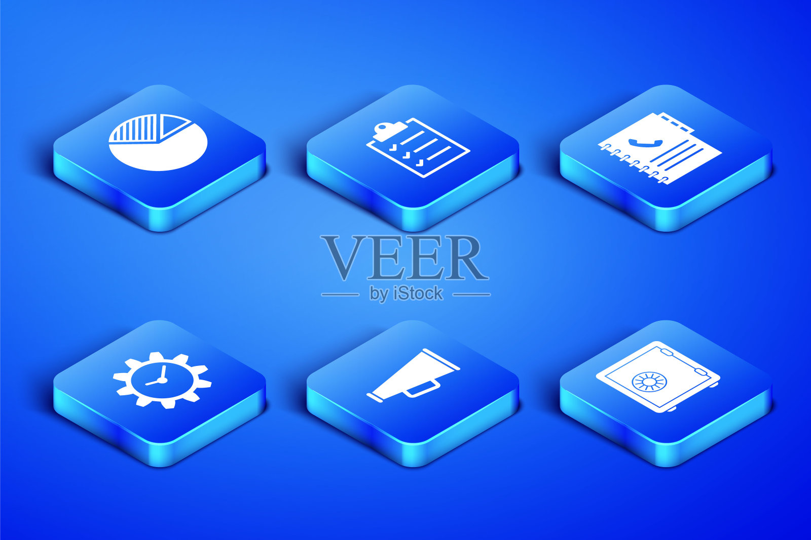 设置安全，饼图信息图，扩音器，时间管理，剪贴板与检查表和电话簿图标。向量插画图片素材