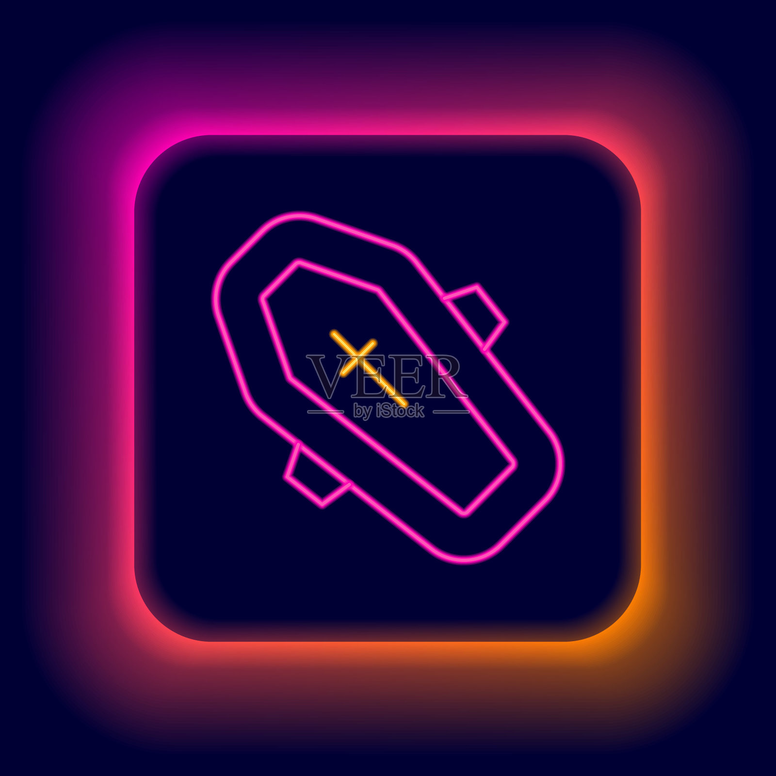 发光的霓虹灯线棺材与基督教十字架图标孤立的黑色背景。万圣节派对快乐。色彩缤纷的轮廓概念。向量插画图片素材