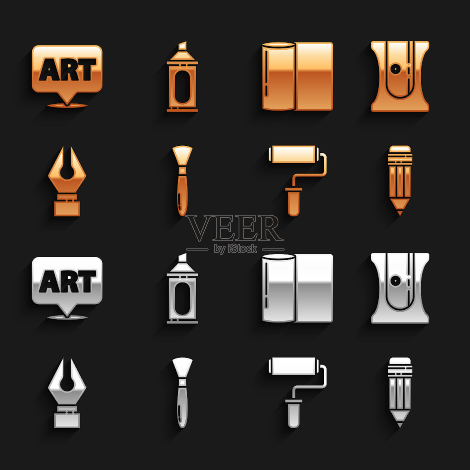 集油漆刷，卷笔刀，与橡皮擦，滚筒，喷泉笔尖，纸巾，语音气泡文本艺术和标记图标。向量插画图片素材