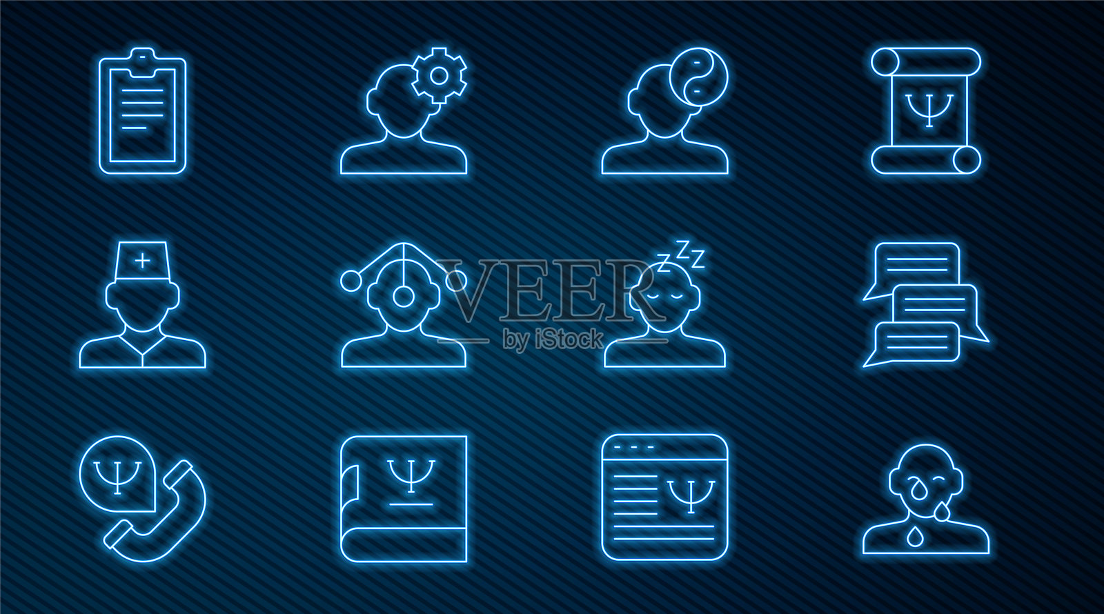 泪眼、在线心理咨询、阴阳符号、催眠、男医生、心理测试、梦境和问题解决心理学图标矢量图插画图片素材