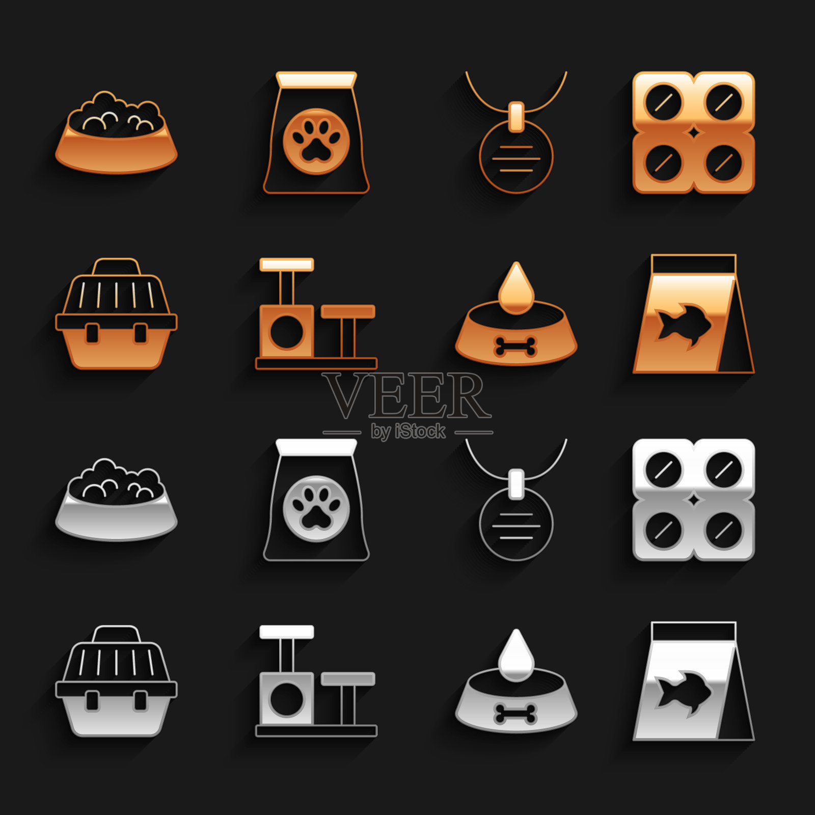 设置猫抓柱与玩具，狗药丸，食物为鱼，宠物食品碗猫狗，手提箱，项圈名牌，和宠物图标袋。向量插画图片素材