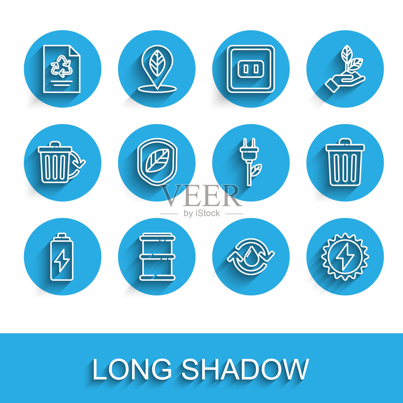 设有电池，桶，可回收纸，可回收清洁水，太阳能板，盾叶，垃圾桶和节电插头图标。向量插画图片素材