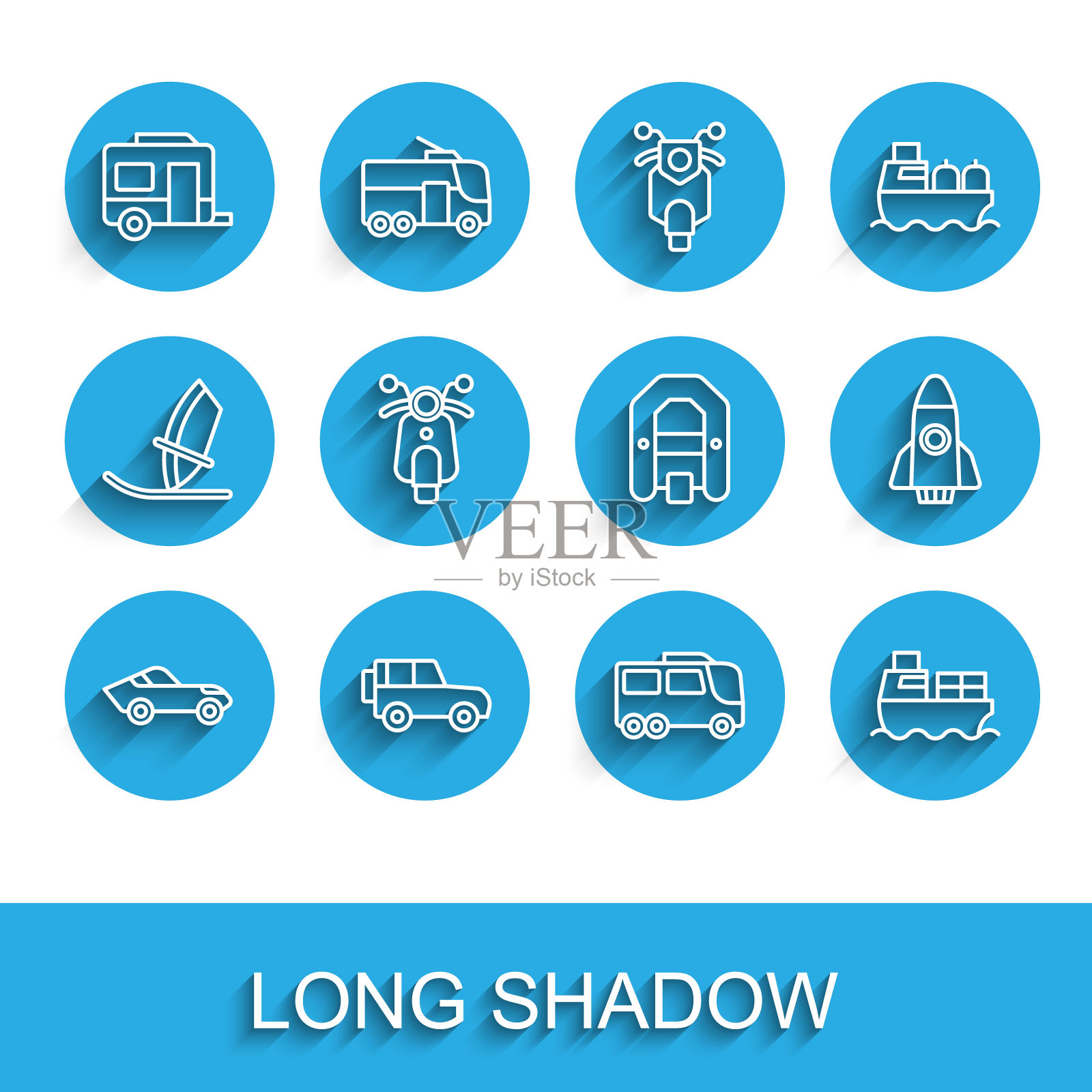 集线汽车，越野汽车，房车露营拖车，公共汽车，货船与箱子交付，摩托车，火箭和漂流船图标。向量插画图片素材