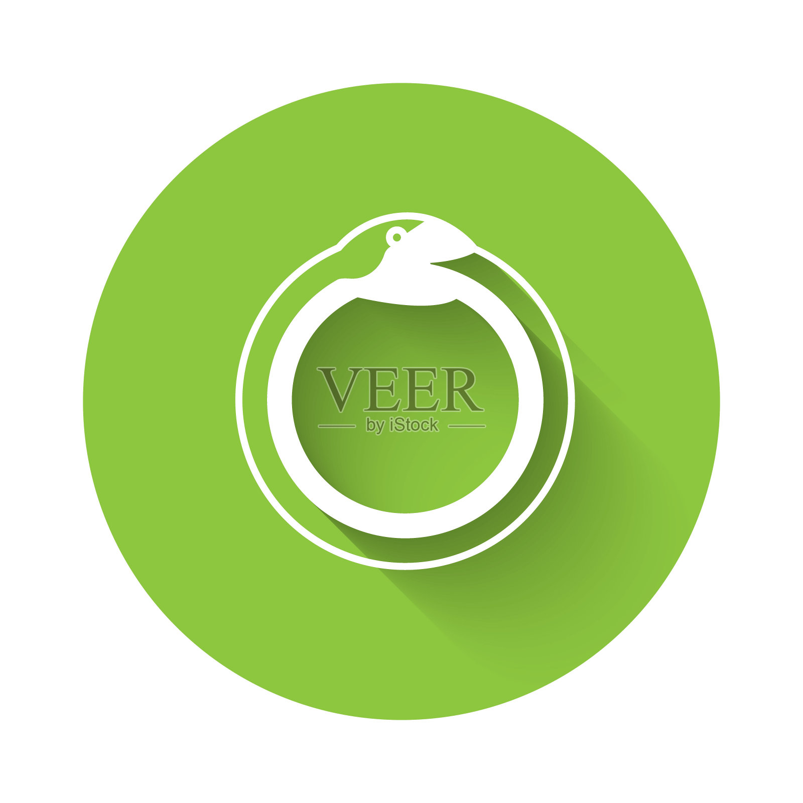 白色魔法符号的衔尾蛇图标孤立与长阴影背景。蛇咬自己的尾巴。动物和无限，神话和蛇。绿色圆形按钮。向量插画图片素材