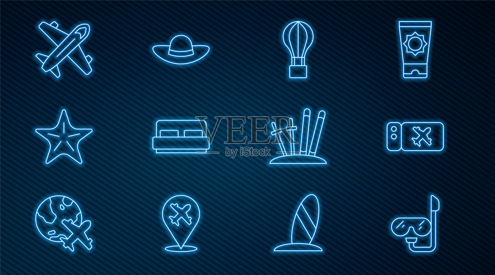 集线潜水面罩和通气管，机票，热气球，酒店房间床，海星，飞机，滑雪棒和优雅的妇女帽子图标。向量插画图片素材