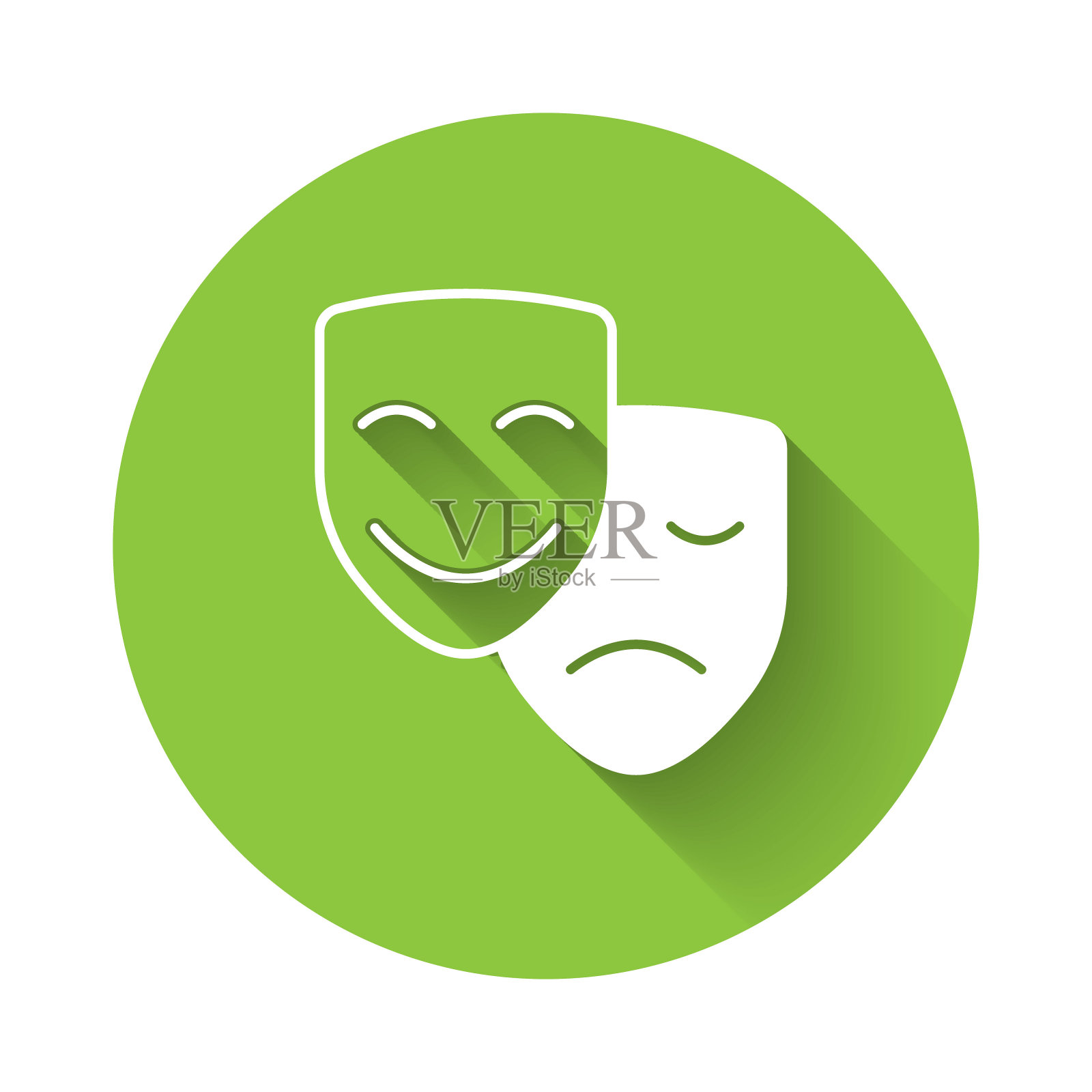 白色喜剧和悲剧戏剧面具图标孤立与长阴影背景。绿色圆形按钮。向量插画图片素材