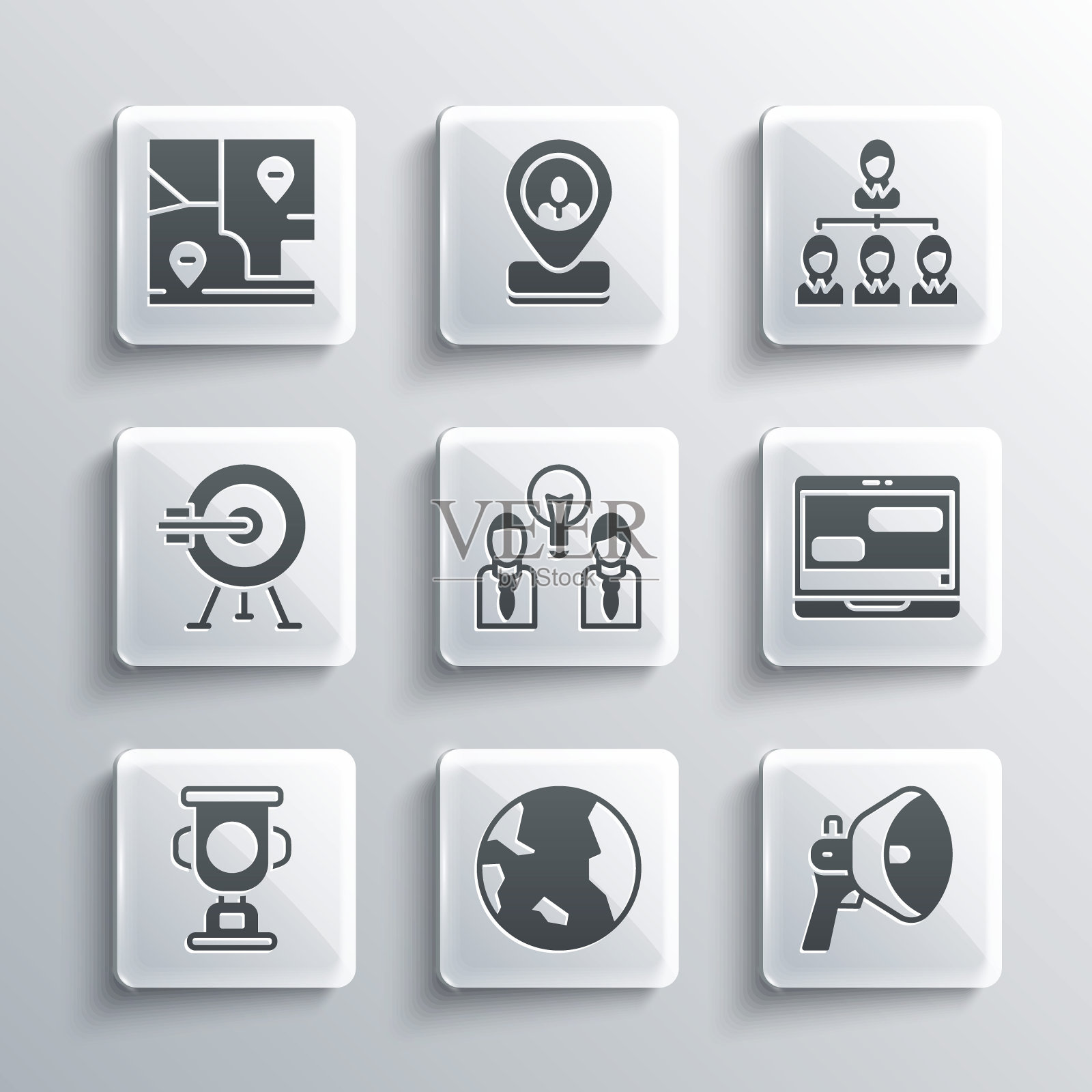 设置地球仪，扩音器，聊天信息笔记本电脑，带灯泡的人，奖杯，目标箭头，折叠地图位置和层次结构图图标。向量插画图片素材