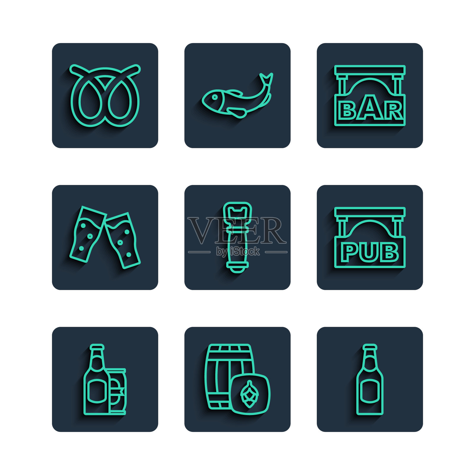 设置线啤酒瓶和啤酒罐，木桶，街道招牌与酒吧，开瓶器，玻璃，椒盐卷饼和酒吧图标。向量插画图片素材
