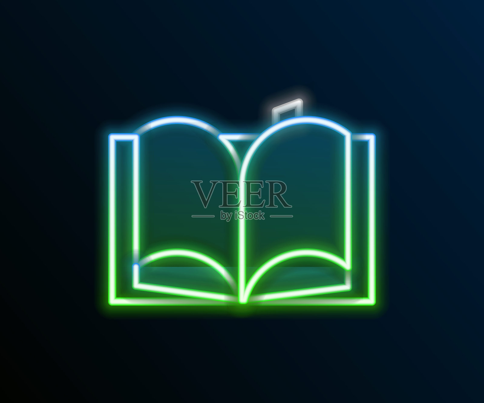 发光的霓虹灯线打开书图标孤立的黑色背景。色彩缤纷的轮廓概念。向量插画图片素材