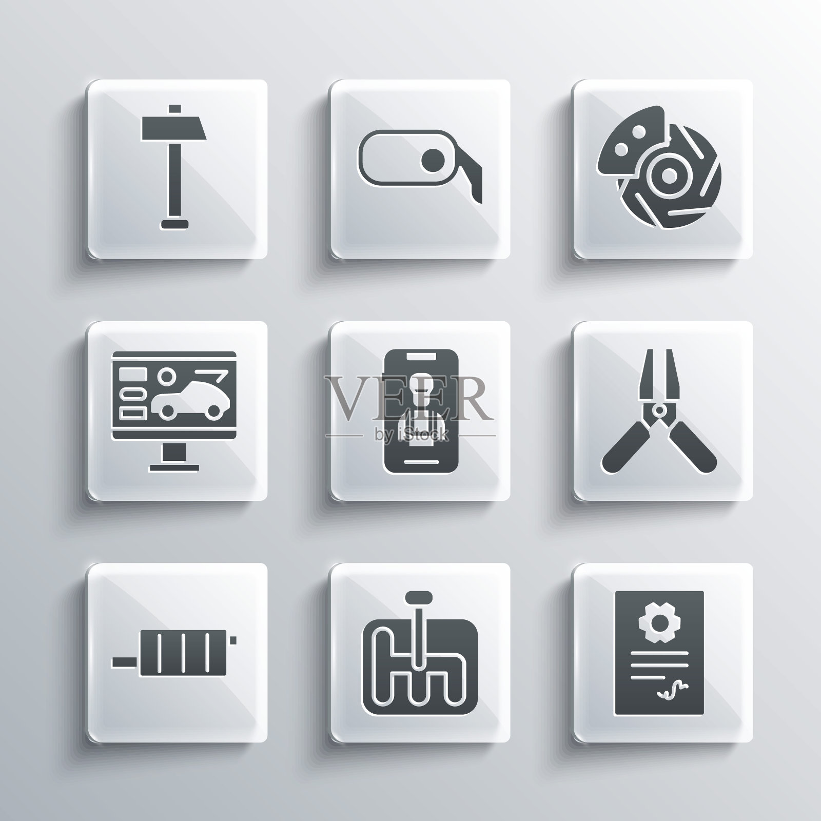 设置换档器，汽车服务检查，汽车电池跳线电源线，在线汽车服务，消声器，诊断状况，锤子和制动盘与卡钳图标。向量插画图片素材