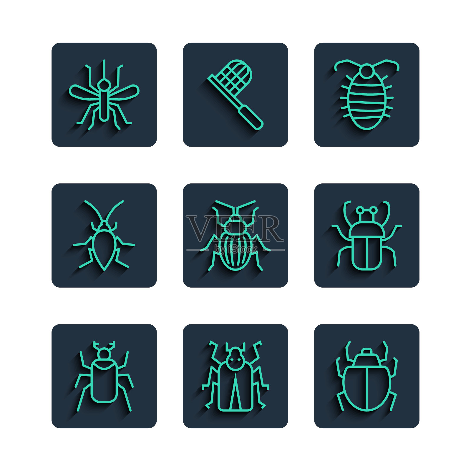 设置线甲虫虫，螨虫，幼虫昆虫，金龟子，蟑螂，蚊子和臭味的图标。向量插画图片素材