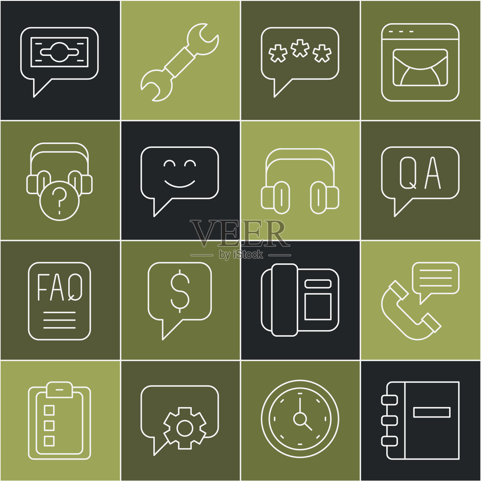 设置线笔记本，电话交谈，问答，语音气泡聊天，笑脸，耳机与问题，堆栈纸币现金和图标。向量插画图片素材