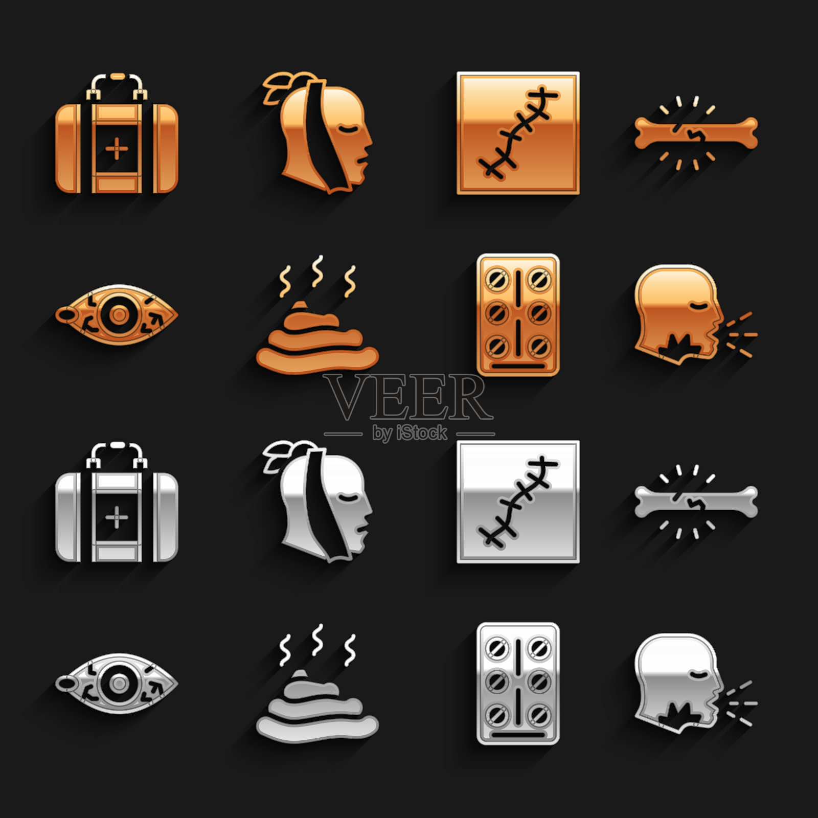 设置大便，骨痛，咳嗽，药丸水泡包，红色的眼睛，疤痕缝合，急救箱和牙痛图标。向量插画图片素材