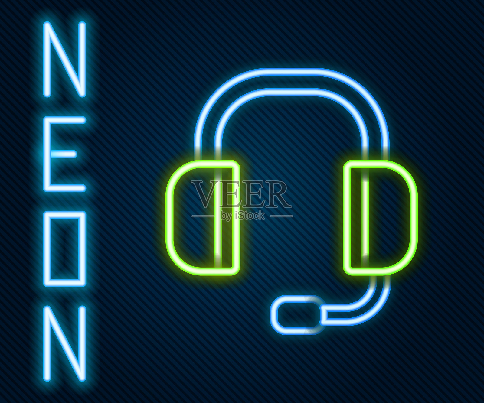 发光的霓虹灯线耳机图标孤立的黑色背景。支持客户服务，热线，呼叫中心，常见问题，维护。色彩缤纷的轮廓概念。向量插画图片素材