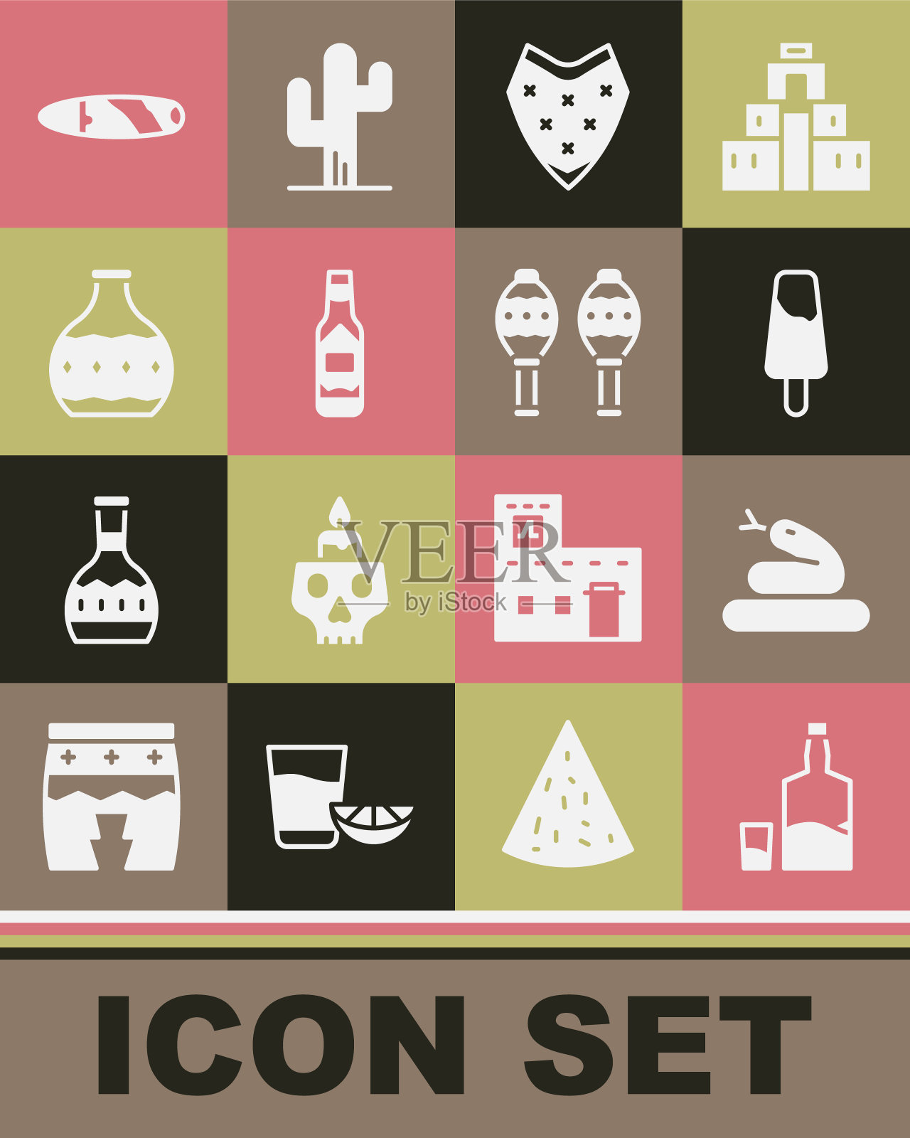 龙舌兰酒瓶和玻璃，蛇，冰棒冰淇淋，斗篷，塔巴斯科酱，雪茄和沙球图标。向量插画图片素材