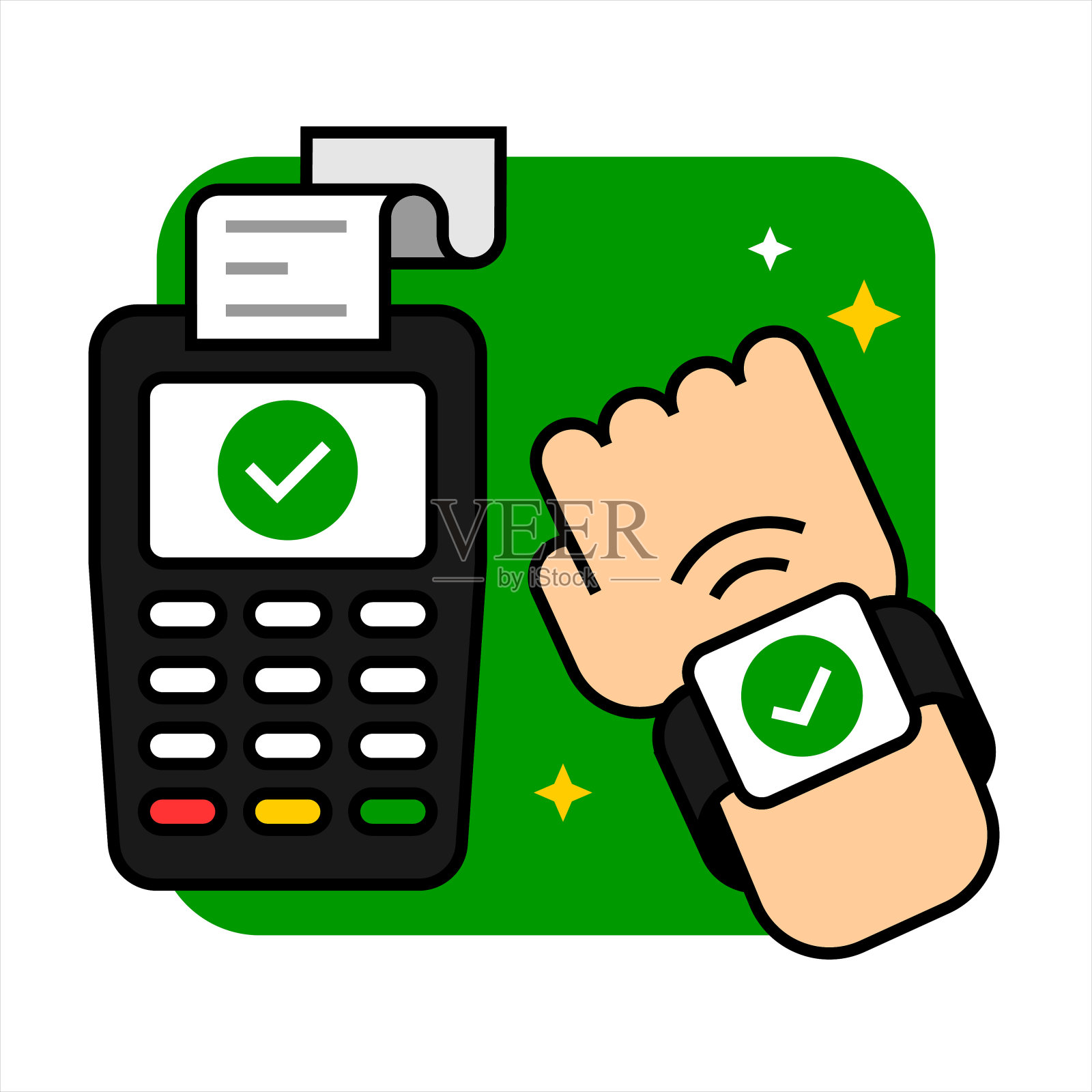 非接触式支付矢量插图图标。NFC，智能手表支付，交易，网上银行，色彩缤纷的现代简约风格。插画图片素材