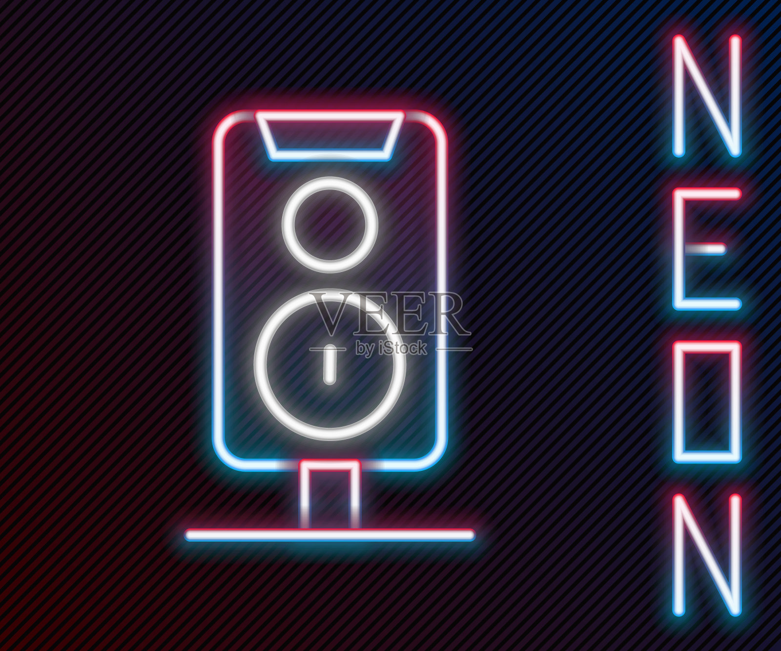 发光的霓虹线立体声扬声器图标孤立的黑色背景。音响系统扬声器。音乐图标。音乐柱扬声器低音设备。色彩缤纷的轮廓概念。向量插画图片素材