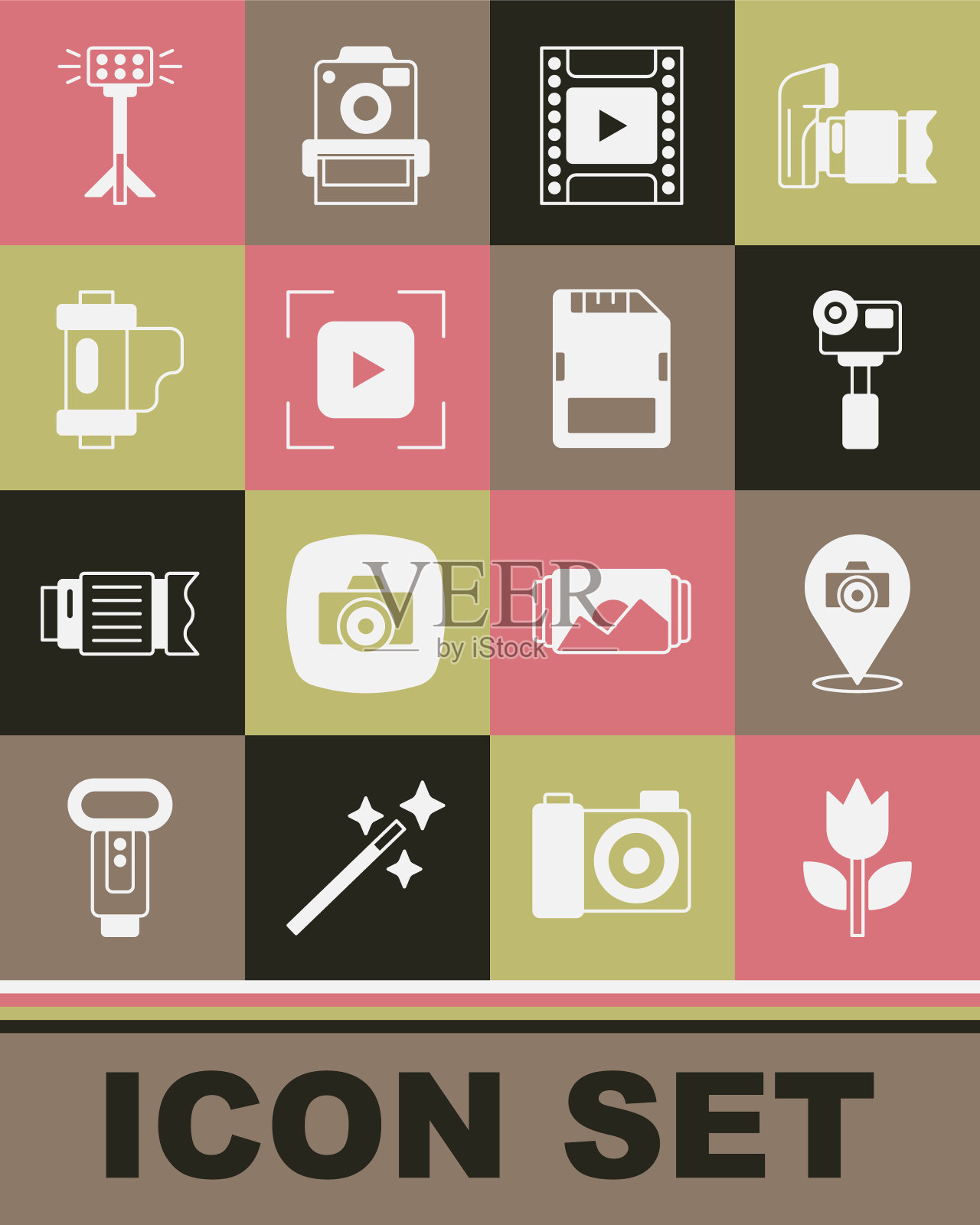 设置照片模式微距，相机，动作极限，相机胶卷墨盒，对焦框线，工作室灯泡软箱和SD卡图标。向量插画图片素材