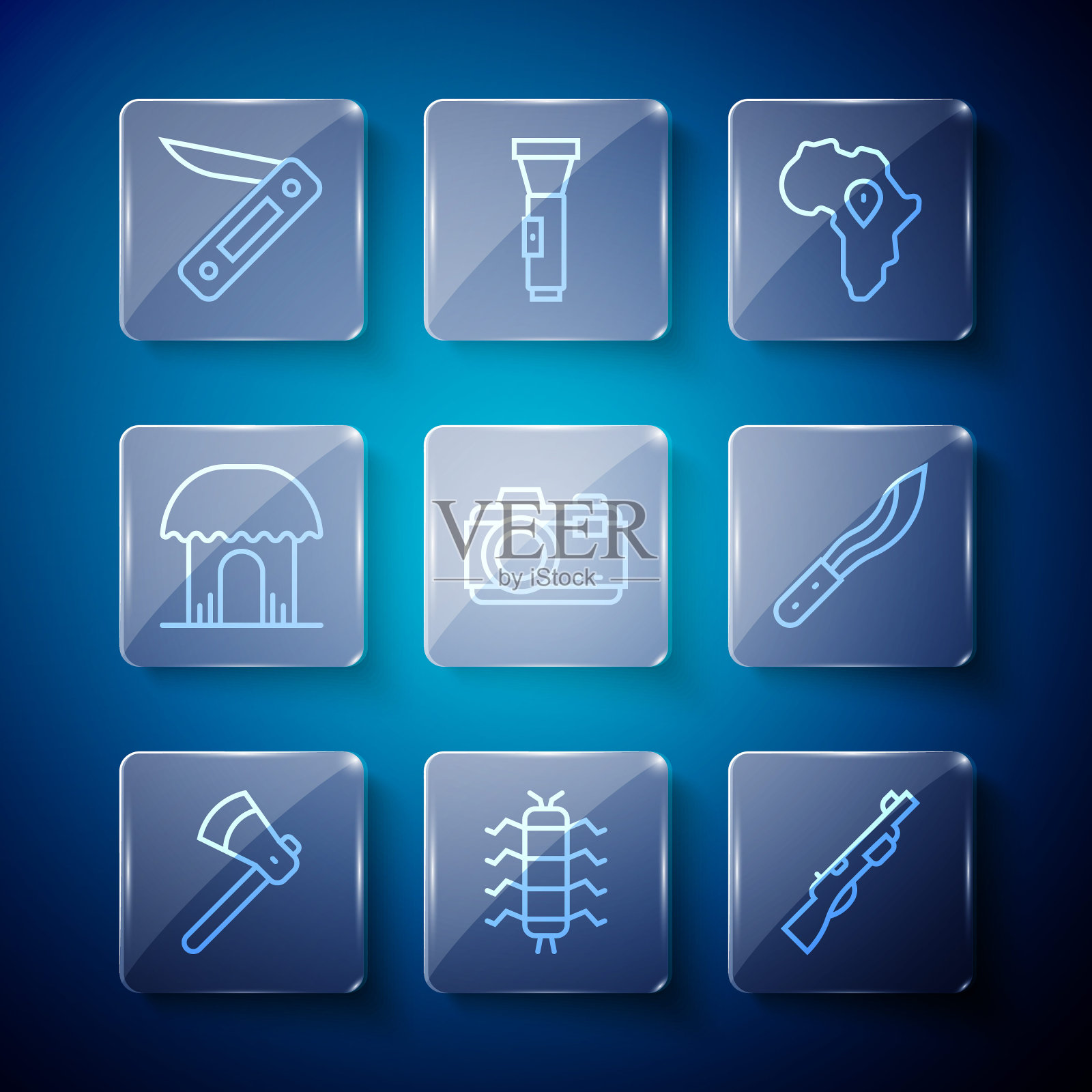 集线木斧，蜈蚣昆虫，猎枪，非洲地图，照相机，非洲小屋，瑞士军刀和砍刀图标。向量插画图片素材