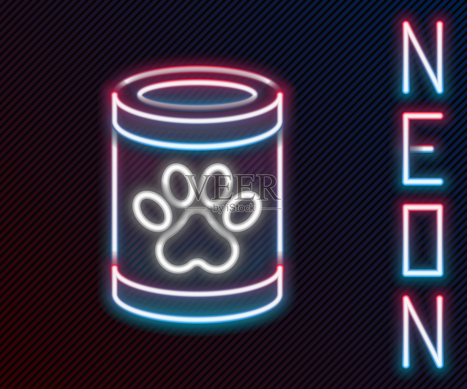 发光的霓虹灯线罐头食品图标孤立的黑色背景。动物的食物。宠物食品可以。色彩缤纷的轮廓概念。向量插画图片素材