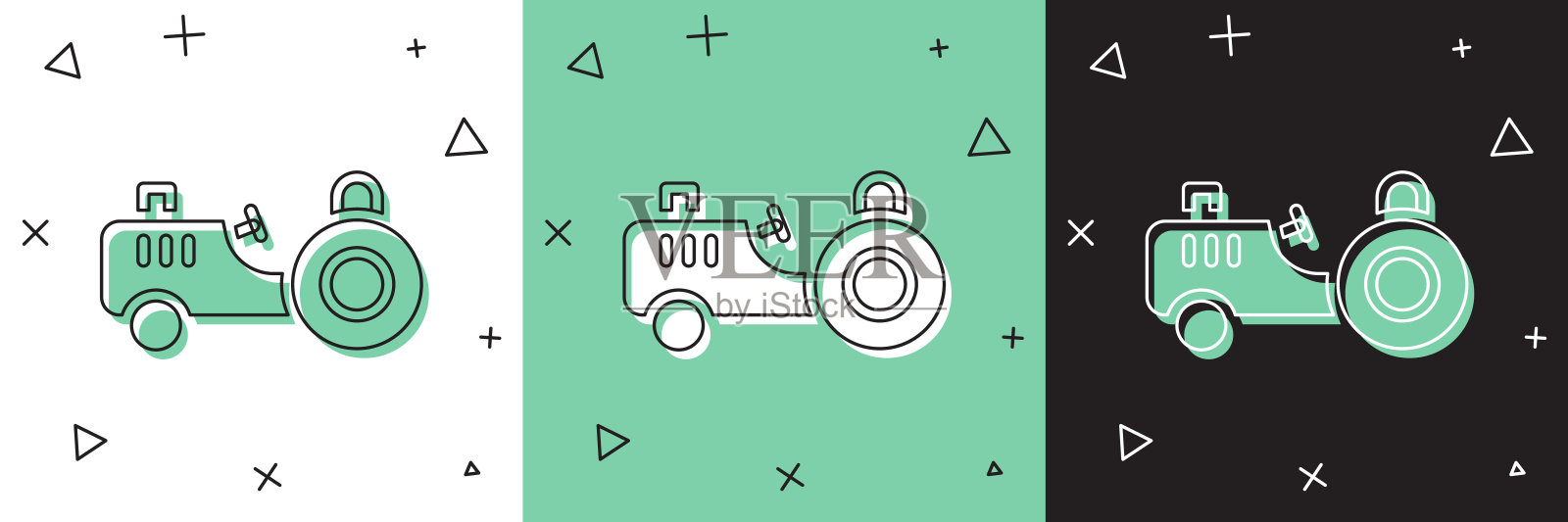 设置拖拉机图标隔离在白色和绿色，黑色背景。向量插画图片素材