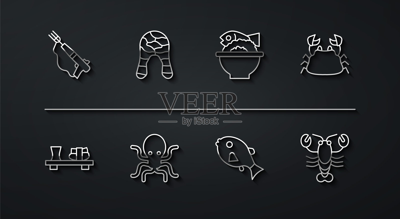 设线钓鱼鱼叉，寿司砧板，螃蟹，热带鱼，章鱼，牛排，龙虾和服务碗图标。向量插画图片素材