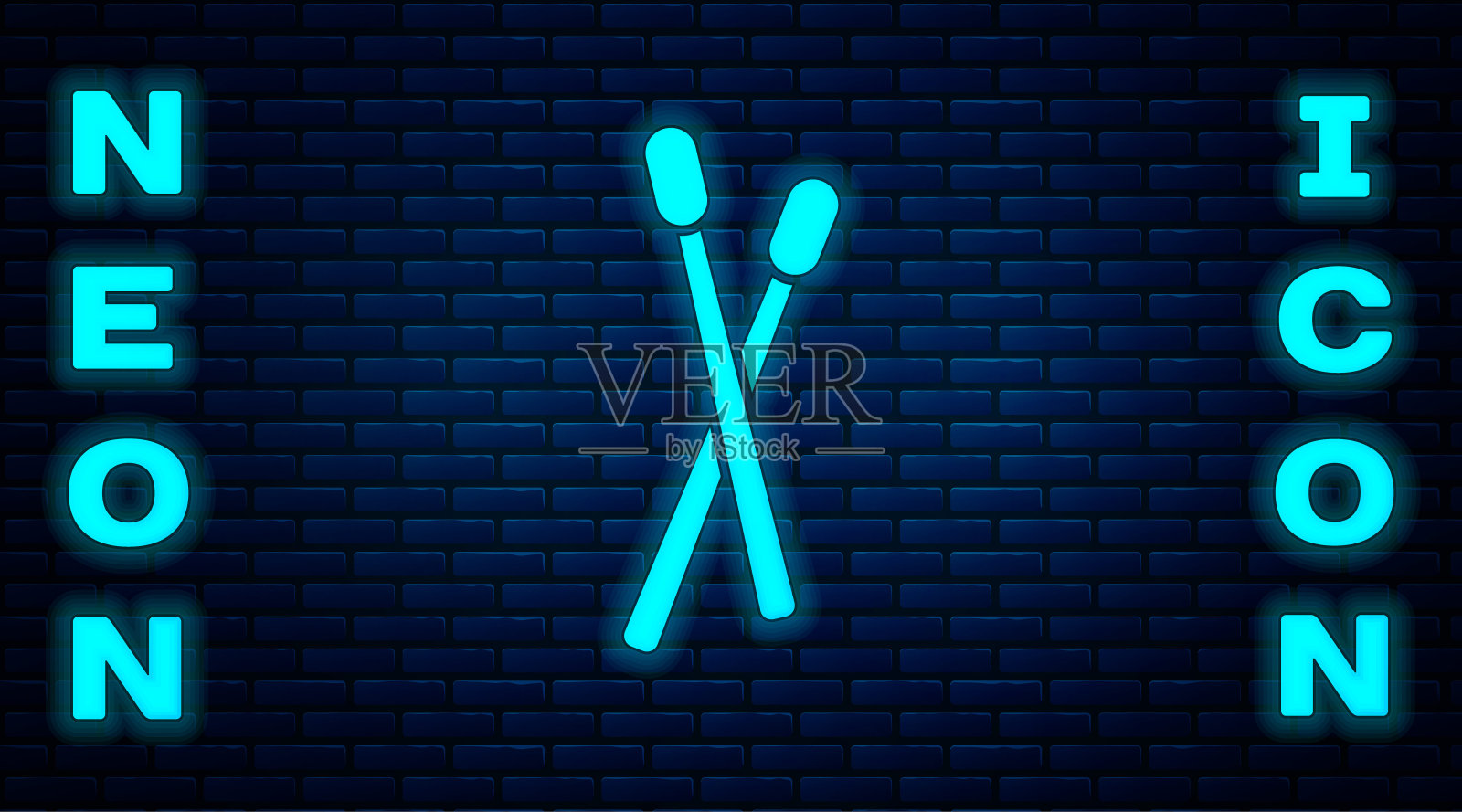 发光的霓虹灯鼓棒图标孤立的砖墙背景。乐器。向量插画图片素材