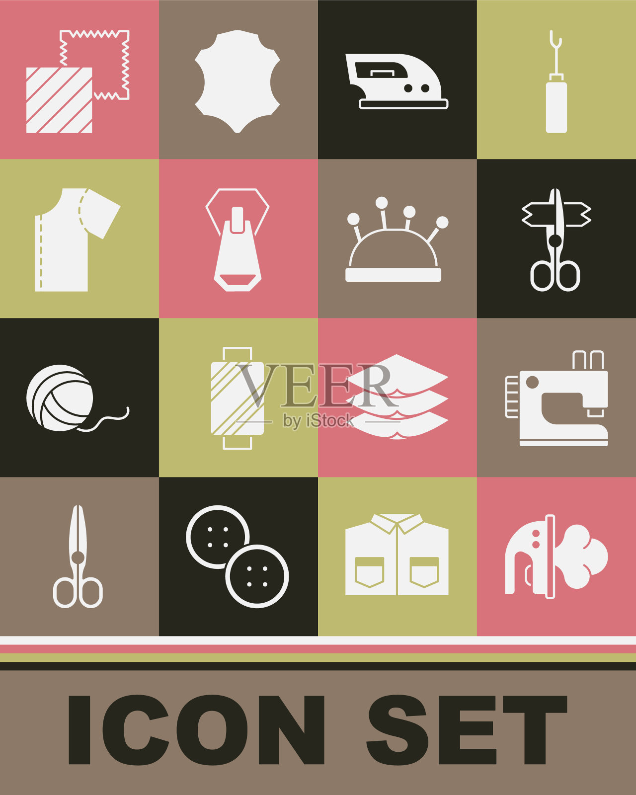 集电熨斗，缝纫机，剪刀，拉链，图案，纺织织物卷和针床和针图标。向量插画图片素材