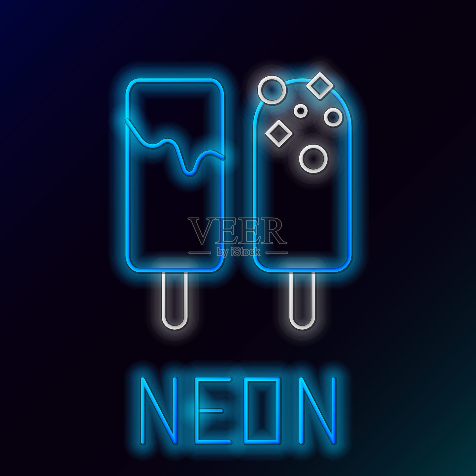 蓝色发光的霓虹线冰淇淋图标孤立的黑色背景。甜蜜的象征。色彩缤纷的轮廓概念。矢量图插画图片素材