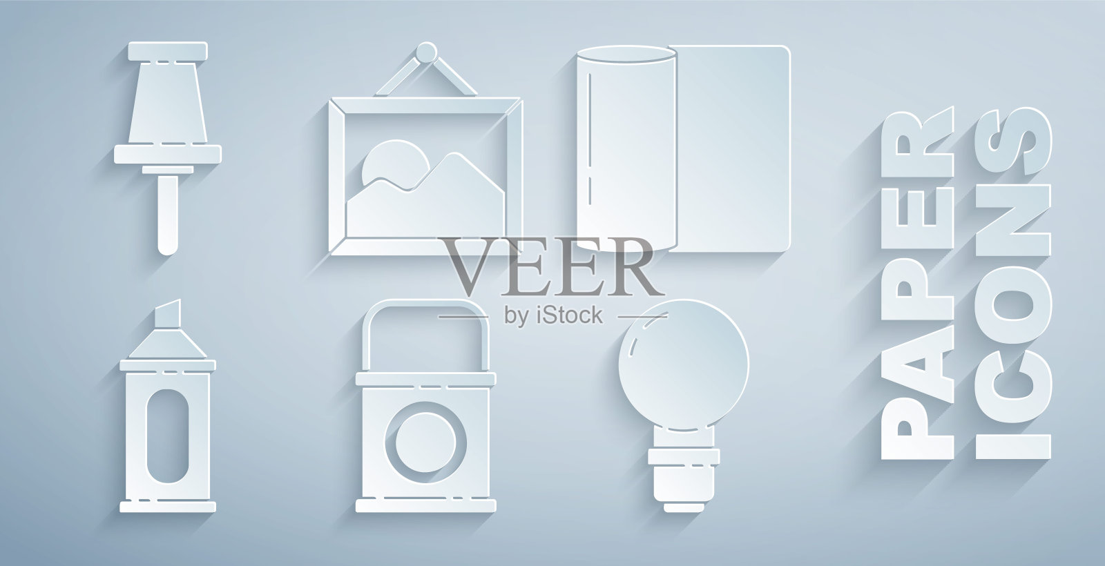 集油漆桶，纸巾卷，记号笔，灯泡，图片景观和推针图标。向量插画图片素材