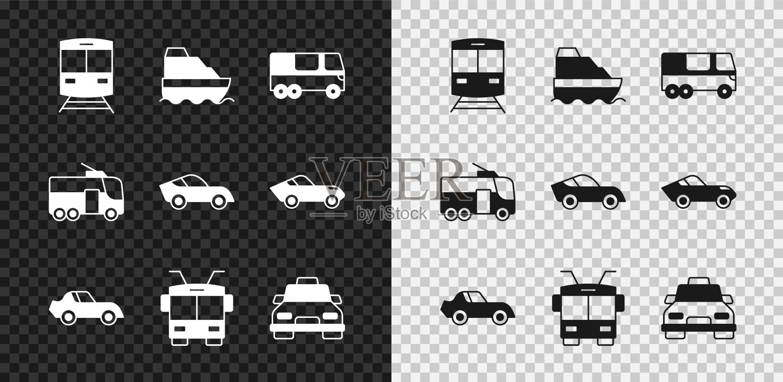 集火车和铁路，游轮，公共汽车，汽车，无轨电车，出租车，和图标。向量插画图片素材