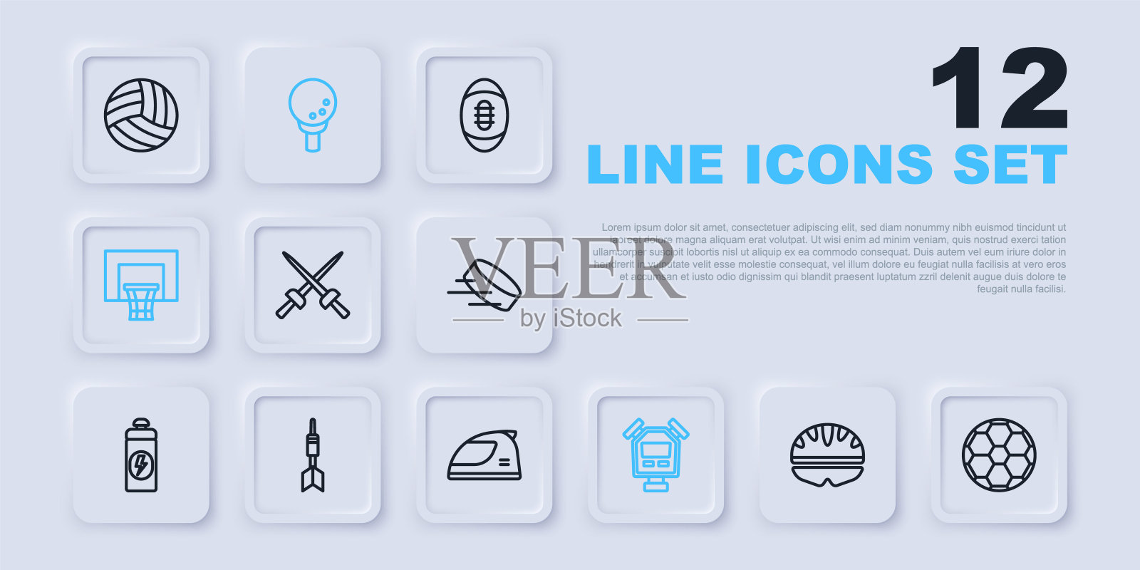 集线自行车头盔，足球，击剑，秒表，篮球背板，飞镖箭，高尔夫球上的tee和赛车图标。向量插画图片素材