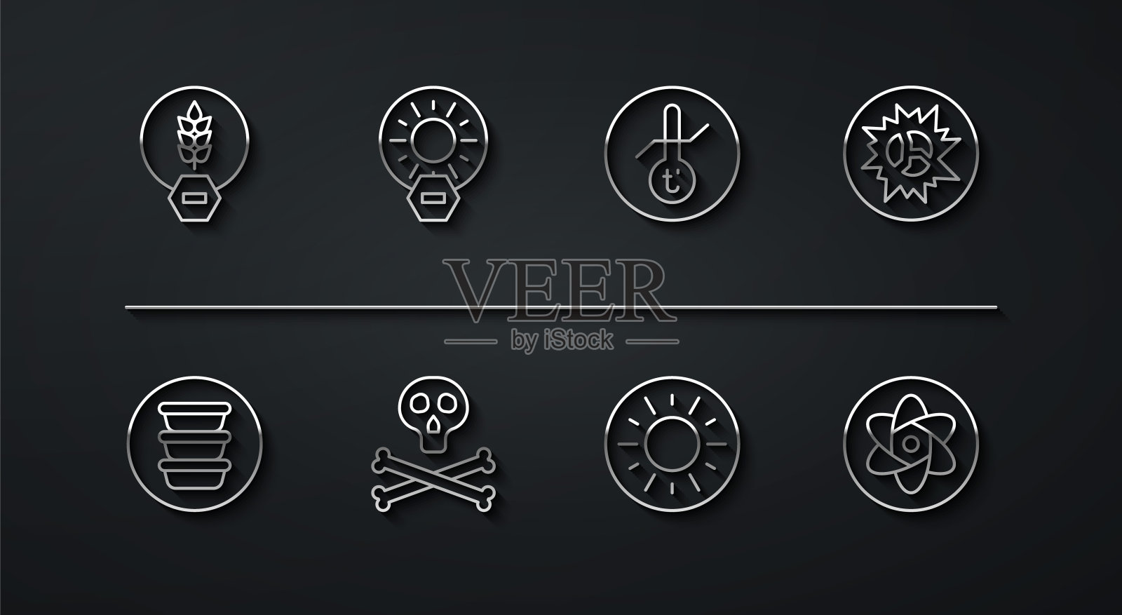 设置线无麸质谷物，碗，炸弹爆炸，太阳，骨头和头骨警告，没有阳光直射，试管烧瓶和气象温度计图标。向量插画图片素材