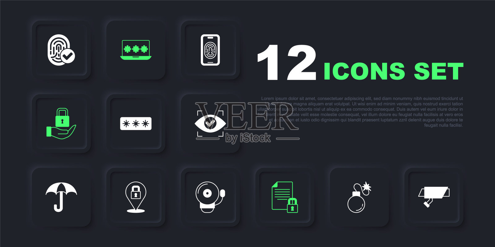 设置炸弹，安全摄像头，密码保护，文件和锁，锁，笔记本电脑密码和振铃警铃图标。向量插画图片素材