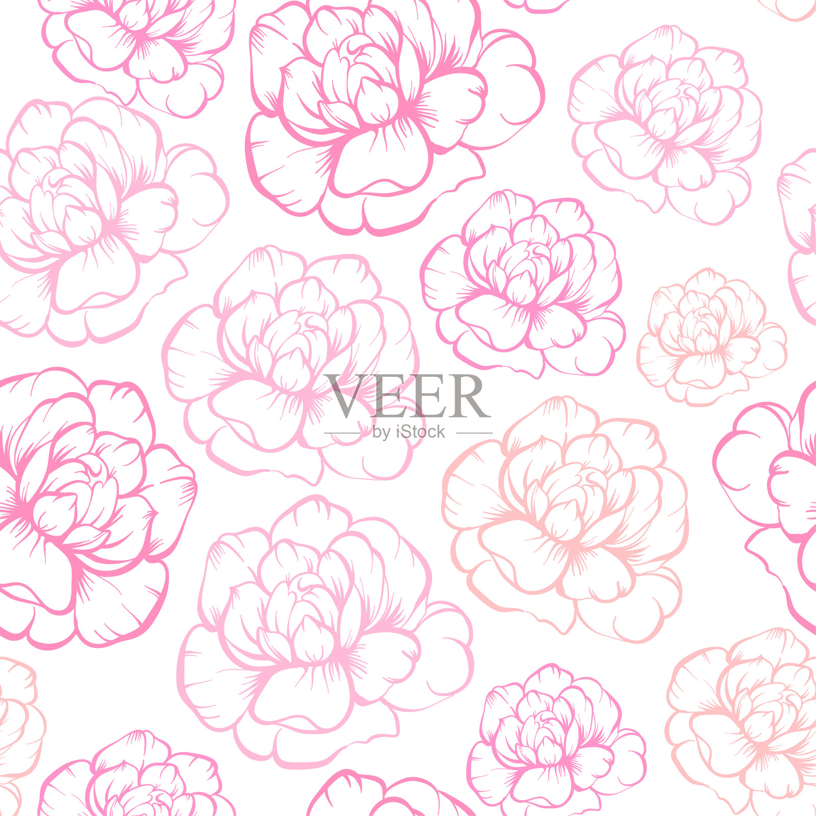 无缝矢量图案，手绘轮廓粉红色的牡丹花背景。插画图片素材