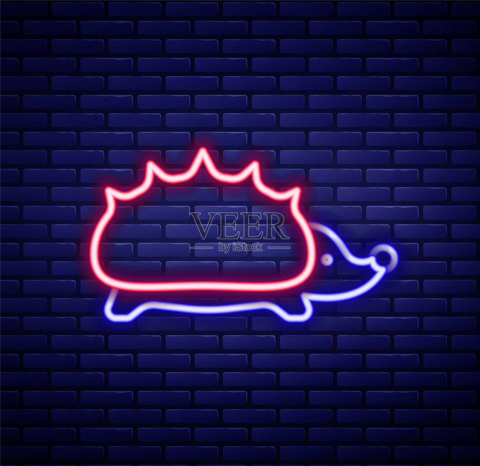 发光的霓虹灯线刺猬图标孤立的砖墙背景。动物的象征。色彩缤纷的轮廓概念。向量插画图片素材