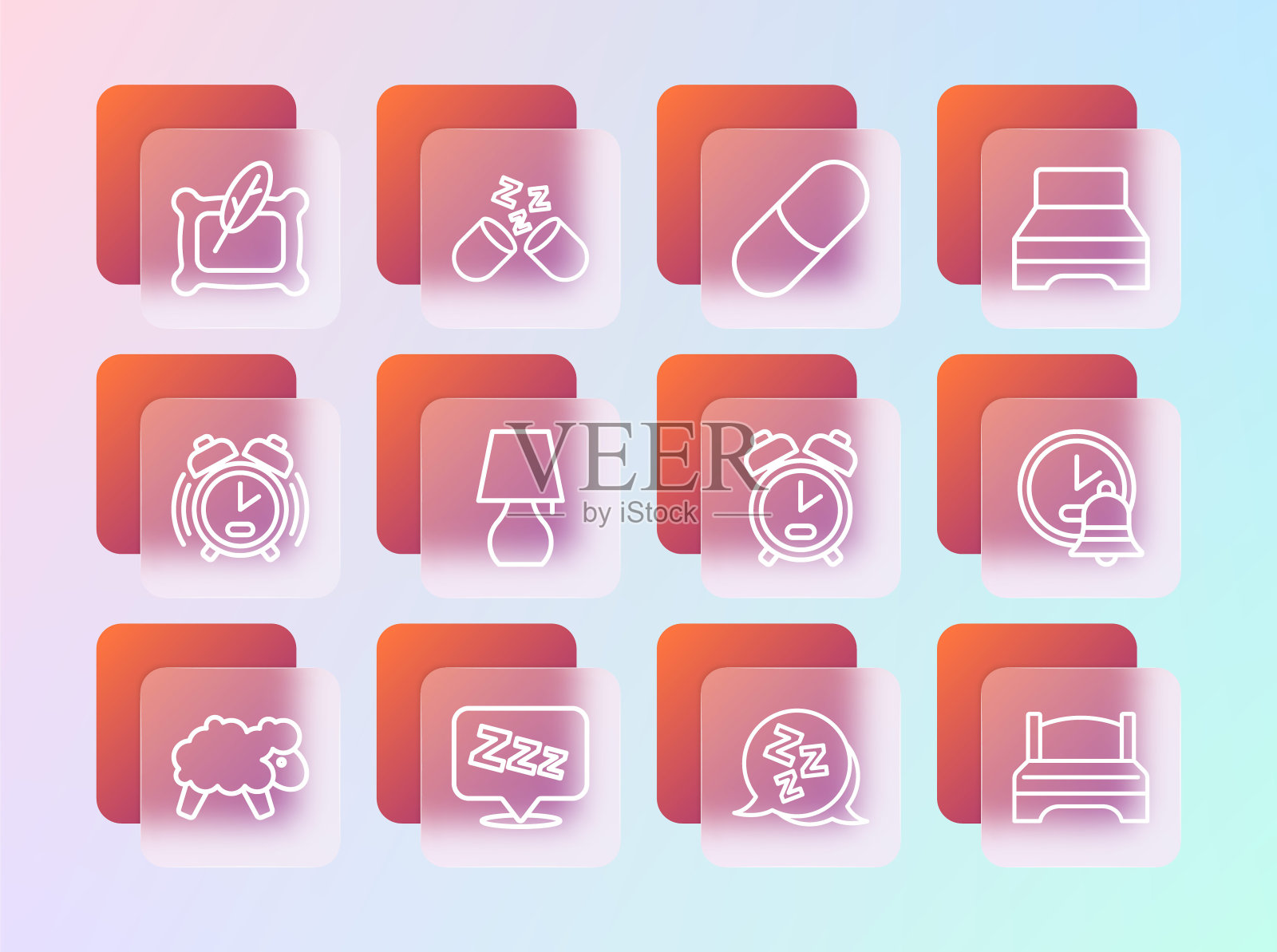 设线大床，睡眠，闹钟，台灯，安眠药，枕头和图标。向量插画图片素材