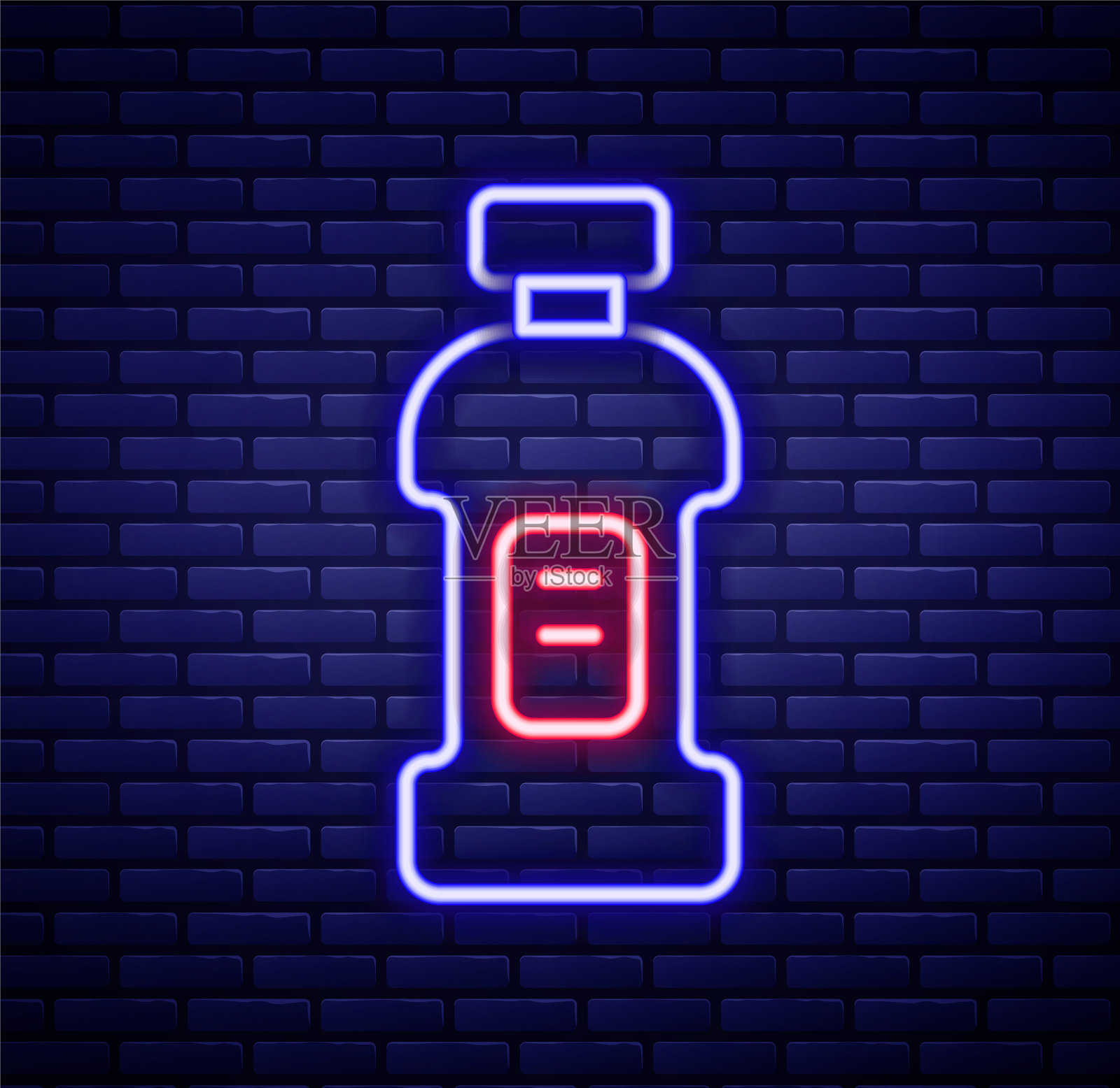 发光的霓虹灯线塑料瓶洗衣粉，漂白剂，洗洁精或其他清洗剂图标隔离在砖墙背景。色彩缤纷的轮廓概念。向量插画图片素材