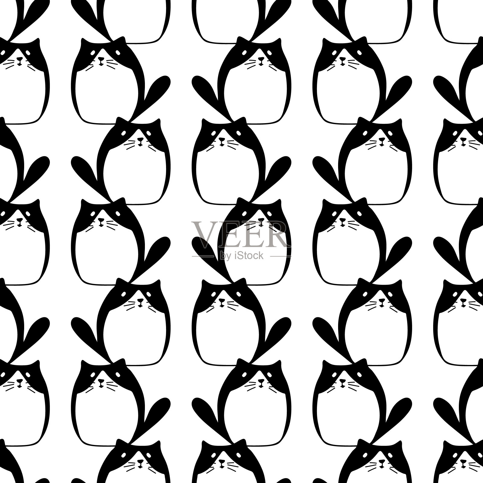 有趣的装饰无缝图案与猫。黑白图案的涂鸦风格。用于纺织品、墙纸、封面、表面印刷。用于时尚面料。复古的格式化。插画图片素材