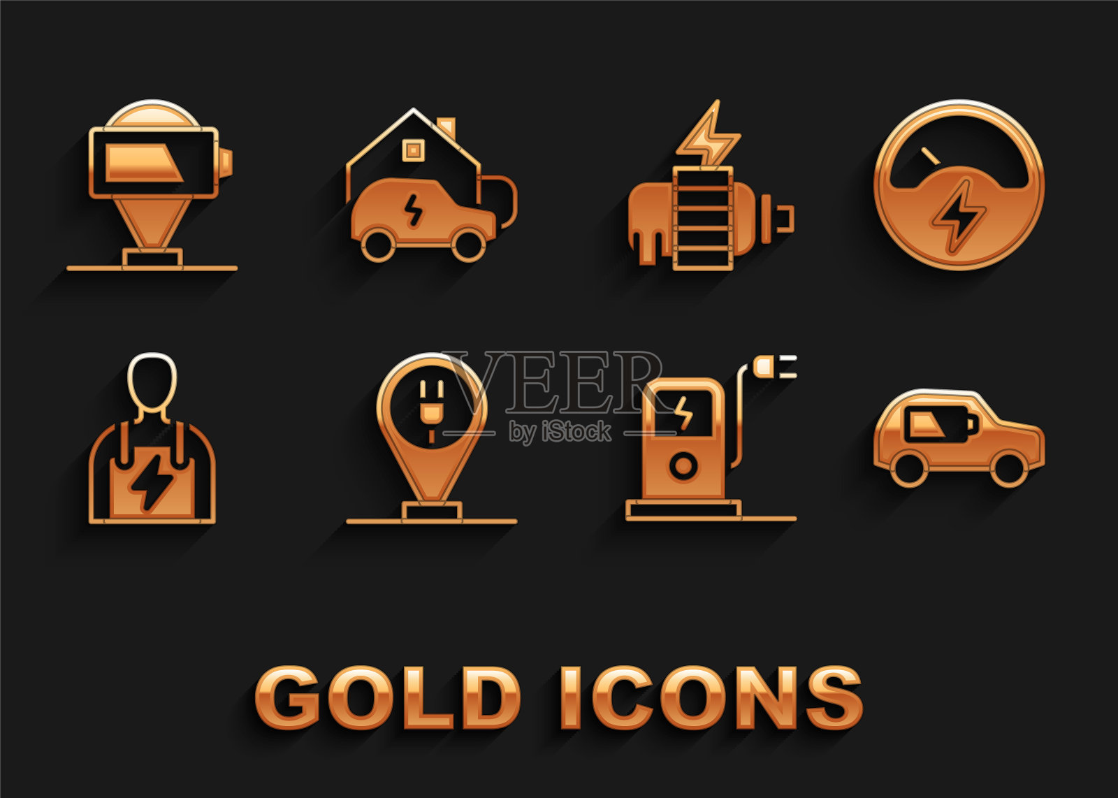 设置充电停车电动汽车，电压表，电动，充电站，汽车机械，电机，电池充电和家庭图标。向量插画图片素材